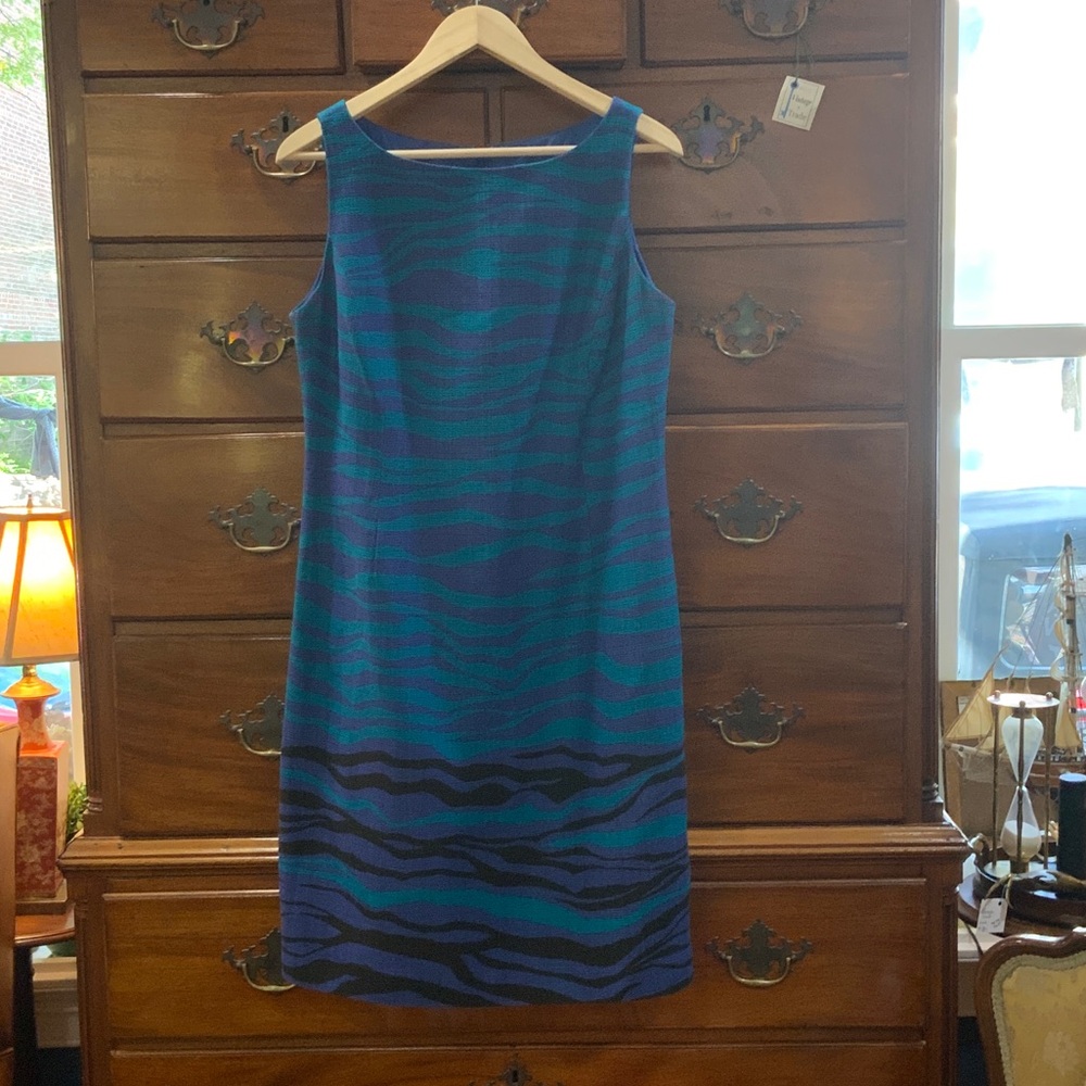 Jones New York Blue and Black Patterned Midi Dress